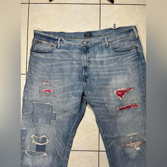 Polo Ralph Lauren Big Tall Varick Slim Straight Red Bandana Patch Distress Jeans - Picture 8 of 10